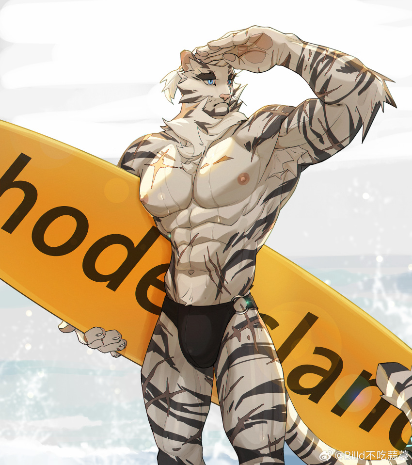 1boy abs absurdres animal_ears arknights bara beach bild_(billd14075680) black_male_swimwear bulge facial_hair feet_out_of_frame furry furry_male goatee highres holding holding_surfboard huge_eyebrows large_hands large_pectorals looking_to_the_side male_focus male_swimwear mountain_(arknights) muscular muscular_male navel nipples pectorals scar scar_across_eye scar_on_arm scar_on_chest short_hair solo standing stomach surfboard swim_briefs tiger_boy tiger_ears topless_male v-taper white_hair