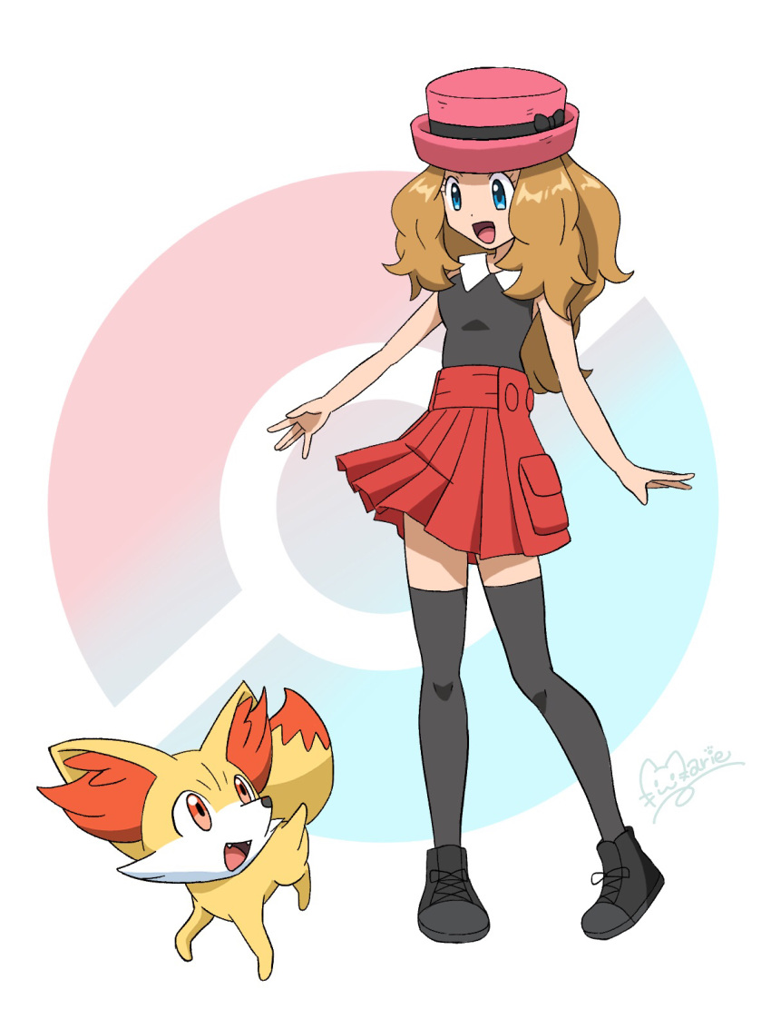 1girl :d aqua_eyes black_footwear black_shirt black_thighhighs blonde_hair collared_shirt commentary_request eyelashes fennekin hat highres long_hair looking_down marie_(marie_cookie222) open_mouth pink_headwear pleated_skirt poke_ball_symbol pokemon pokemon_(anime) pokemon_(creature) pokemon_xy_(anime) red_skirt serena_(pokemon) shirt shoes signature skirt sleeveless sleeveless_shirt smile standing thighhighs tongue