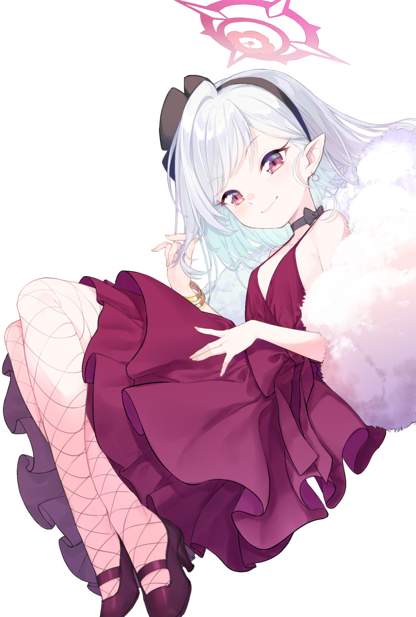 1girl bare_shoulders black_hairband blue_archive blush bracelet breasts choker coffeekite dress earrings fishnets fur_shawl hairband halo high_heels highres jewelry long_hair looking_at_viewer mutsuki_(blue_archive) mutsuki_(dress)_(blue_archive) official_alternate_costume pointy_ears purple_eyes red_dress shawl small_breasts smile solo swept_bangs white_hair