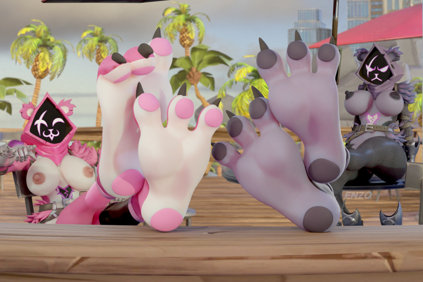 &lt;/3 3d_(artwork) anthro areola armor bandage barefoot beach belt big_breasts bigdogenzo blender_(software) blender_cycles boots_removed breasts building chair claws clothing curling_toes digital_media_(artwork) docks duo epic_games eye_scar facial_scar feet female female/female foot_fetish foot_focus fortnite fur furniture gauntlets gesture gloves hand_gesture handwear hi_res looking_at_viewer mammal multicolored_body nipples nude open_mouth outside palm_tree pawpads paws plant plantigrade pointing pointing_at_viewer raven_team_leader scar scarf_face shadow_face sitting smile soles table thick_thighs toes tree two_tone_body two_tone_paws umbrella