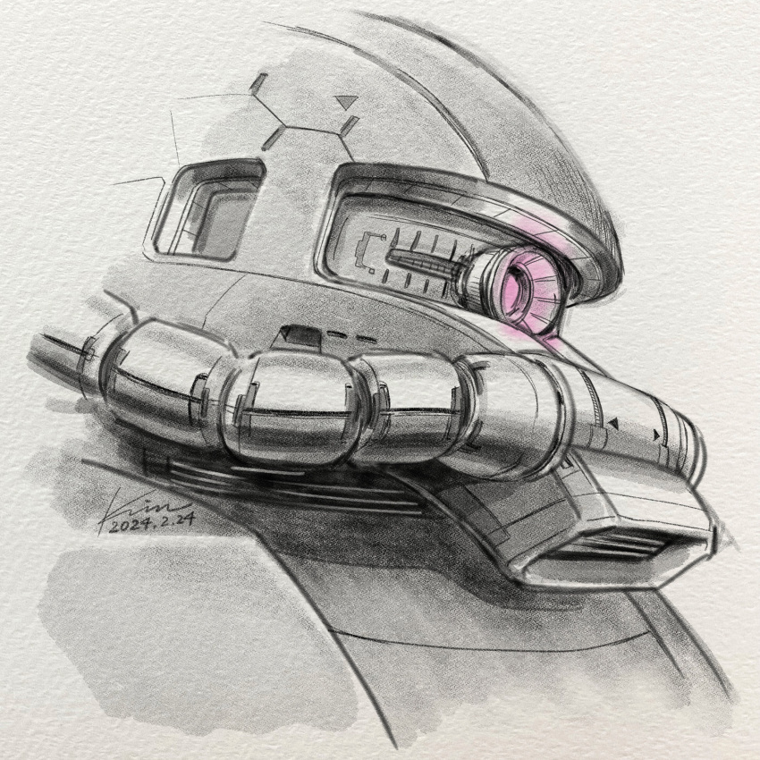 absurdres commentary_request cropped_shoulders dated graphite_(medium) greyscale gundam highres kobakin mecha mobile_suit mobile_suit_gundam monochrome no_humans one-eyed pink_eyes robot science_fiction signature solo spot_color traditional_media zaku_ii