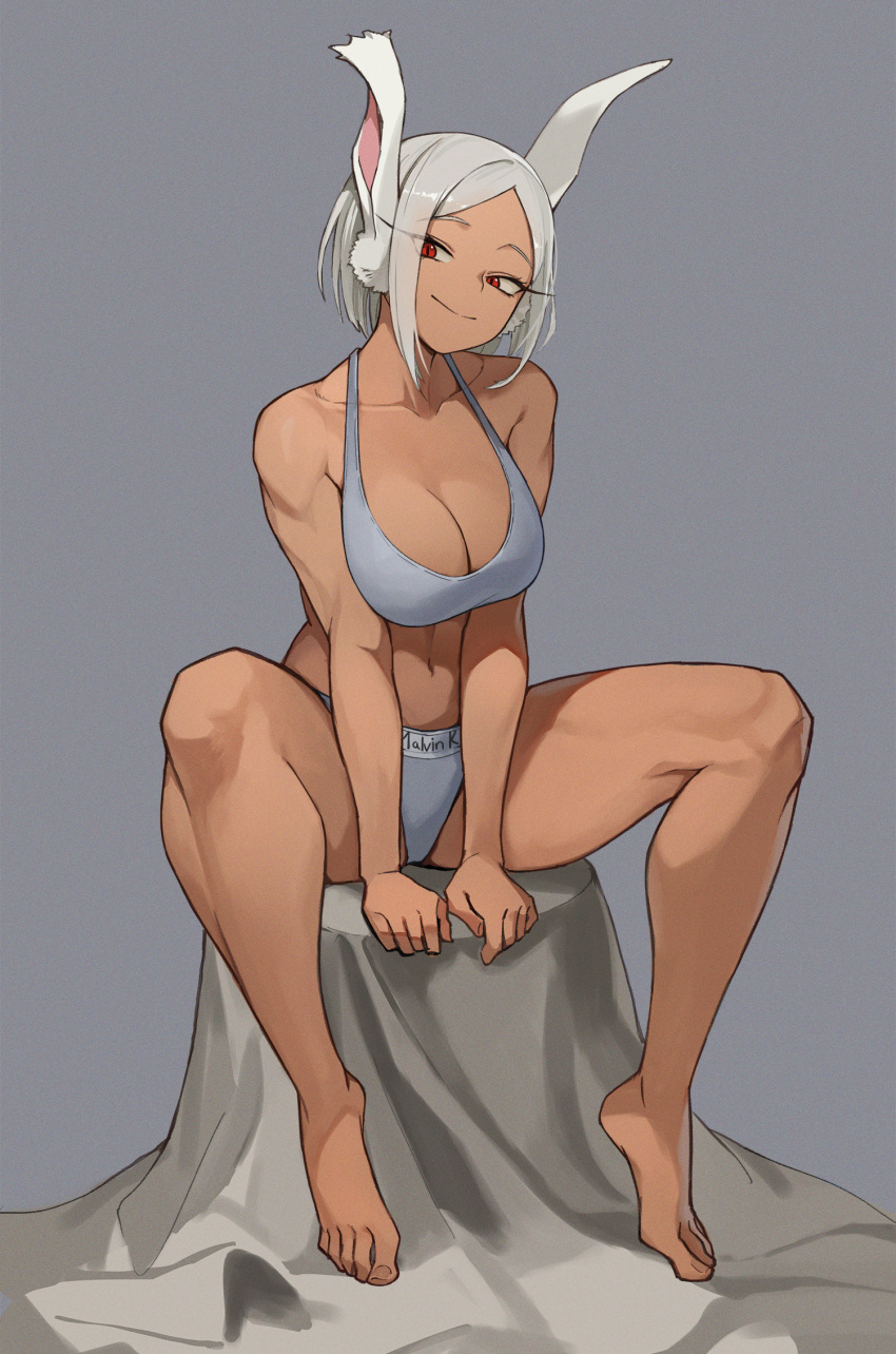 1girl animal_ear_fluff animal_ears arm_support bare_arms bare_legs bare_shoulders barefoot boku_no_hero_academia bra breasts cleavage closed_mouth commentary dark-skinned_female dark_skin feet full_body grey_background grey_bra grey_hair grey_panties head_tilt highres jason_kim large_breasts long_eyelashes looking_at_viewer mirko navel panties parted_bangs rabbit_ears rabbit_girl red_eyes short_hair sidelocks simple_background sitting smile solo spread_legs symbol-only_commentary toes underwear underwear_only underwear_writing