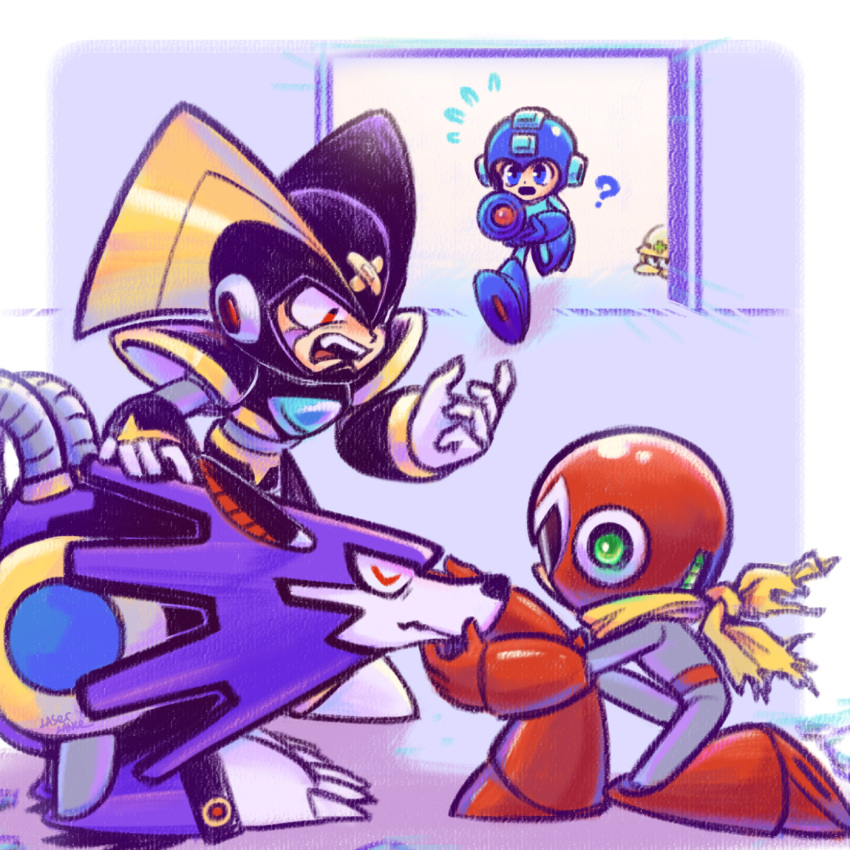 3boys android bass_(mega_man) blue_eyes fangs highres laser-lance looking_at_another mega_man_(character) mega_man_(classic) mega_man_(series) met_(mega_man) multiple_boys open_mouth proto_man red_eyes scarf teeth treble_(mega_man) upper_teeth_only yellow_scarf