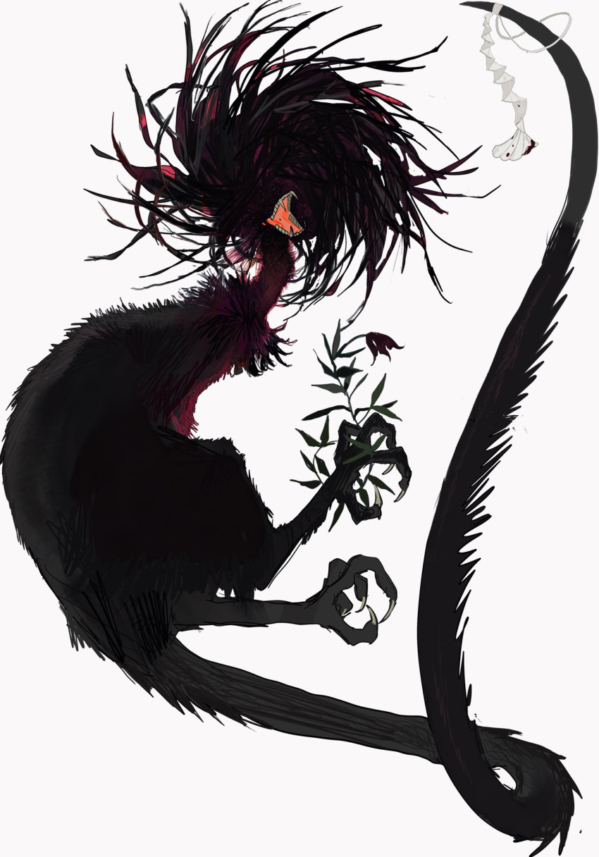 animal animal_focus black_fur black_hair black_tail colored_tongue creature flower full_body highres kamikiririp long_tail no_eyes no_humans open_mouth orange_tongue original red_fur red_hair sharp_teeth tail teeth two-tone_fur white_background