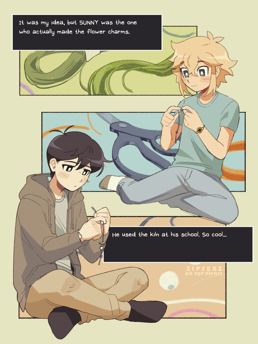 2boys absurdres artist_name basil_(faraway)_(omori) basil_(omori) black_eyes black_hair black_socks blonde_hair blue_eyes blue_shirt crossed_legs denim english_text flower_bracelet highres hood hoodie indian_style jeans long_sleeves multiple_boys omori pants scissors shirt short_hair short_sleeves sitting socks sunny_(omori) watermark white_socks zipsunz