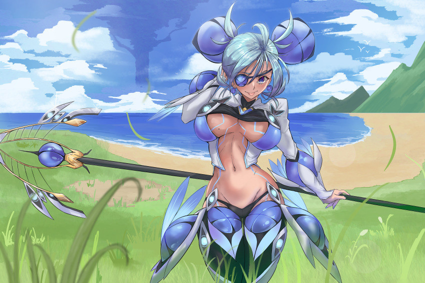 1girl absurdres beach black_panties blue_hair blue_sky breasts calmgreentori closed_mouth cloud cloudy_sky dark-skinned_female dark_skin eyepatch grass highres holding holding_polearm holding_weapon impossible_clothes large_breasts looking_at_viewer mountainous_horizon navel outdoors panties polearm praxis_(xenoblade) purple_eyes revealing_clothes sand sky smile solo stomach underwear water weapon xenoblade_chronicles_(series) xenoblade_chronicles_2