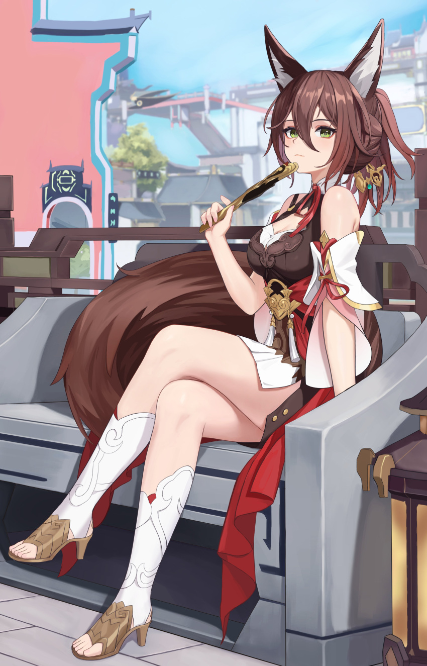 1girl absurdres animal_ears arm_support bare_shoulders brown_hair cherng crossed_legs folding_fan fox_ears fox_girl fox_tail green_eyes hair_between_eyes hand_fan highres holding holding_fan honkai:_star_rail honkai_(series) jewelry looking_at_viewer ponytail sitting tail tingyun_(honkai:_star_rail) toeless_footwear