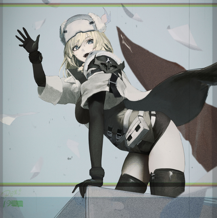 1girl absurdres arm_support black_shorts black_thighhighs blonde_hair blue_eyes coat cowboy_shot fur_hat girls'_frontline girls'_frontline_2:_exilium hand_up hat highres long_hair looking_at_viewer lsha mosin-nagant_(girls'_frontline) open_mouth short_shorts shorts solo soviet_flag teeth thighhighs upper_teeth_only ushanka white_coat