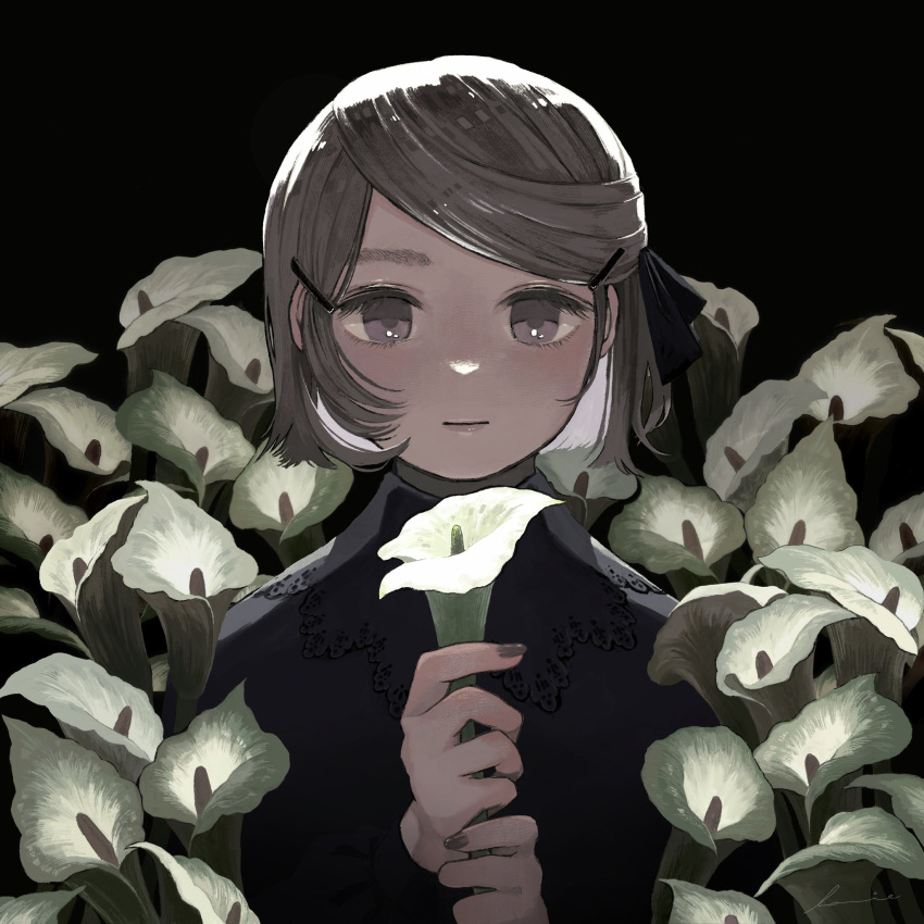 1girl black_background black_ribbon brown_eyes brown_hair brown_nails calla_lily closed_mouth flower hair_ornament hair_ribbon hairpin hanio3 highres holding holding_flower long_sleeves looking_at_viewer nail_polish original ribbon short_hair solo straight-on straight_hair upper_body