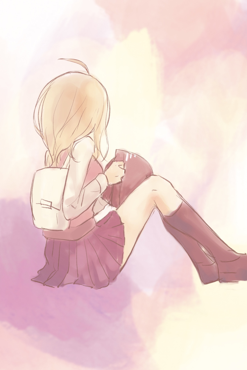 1girl absurdres ahoge akamatsu_kaede backpack bag blonde_hair danganronpa_(series) danganronpa_v3:_killing_harmony from_side fu_ga_(vivi912912) grey_shirt highres holding kneehighs long_hair long_sleeves multicolored_background pink_sweater_vest pleated_skirt red_skirt shirt skirt socks solo sweater_vest white_bag