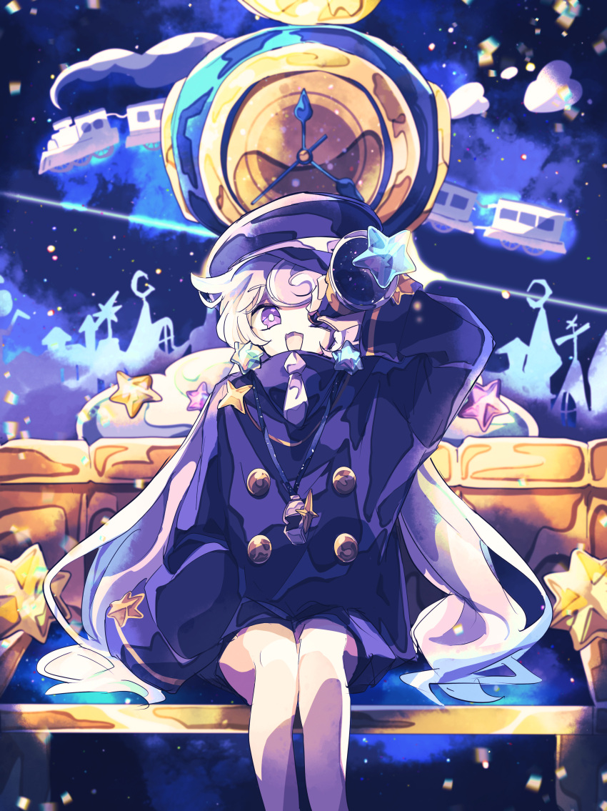 1girl absurdres arm_at_side bench bright_pupils buttons coat colored_skin cookie_run double-breasted highres holding holding_telescope humanization long_hair long_sleeves low_twintails milky_way_cookie necktie on_bench open_mouth outdoors oversized_clothes oversized_shirt purple_coat purple_eyes shirt sitting smile solo space star_(symbol) telescope train twintails user_mjvp7882 white_hair white_necktie white_pupils white_skin