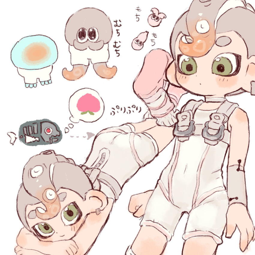 1boy agent_8_(splatoon) ass bodysuit brown_hair closed_mouth commentary_request covered_navel food fruit gradient_hair green_eyes grey_hair highres jelleton jellyfish_(splatoon) lying male_focus mei_tyan_n mohawk multicolored_hair multiple_views octoling_boy octoling_player_character octopus on_stomach pants peach short_hair simple_background sleeveless sleeveless_bodysuit smile splatoon_(series) splatoon_3 splatoon_3:_side_order spoken_expression tentacle_hair thick_eyebrows translation_request two-tone_hair white_background white_bodysuit white_pants