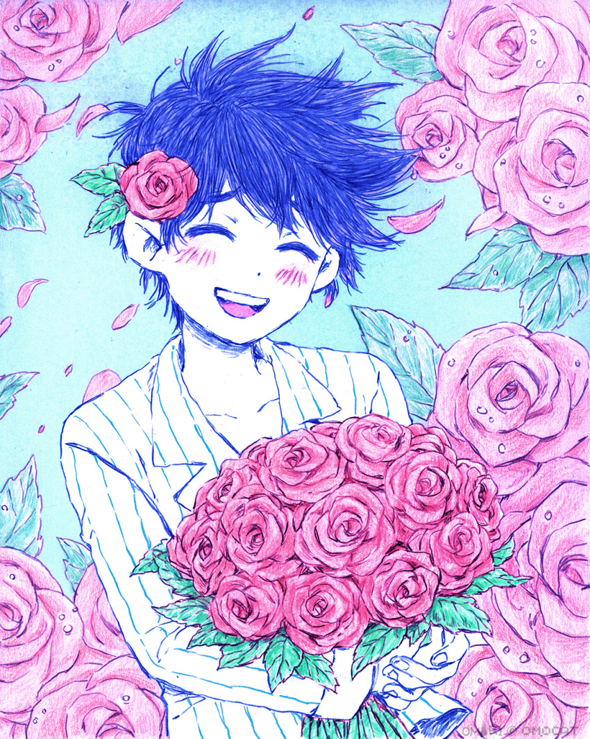 1boy blush bouquet collarbone colored_skin fingernails flower hero_(headspace)_(omori) hero_(omori) highres holding holding_bouquet long_sleeves male_focus official_art omocat omori pajamas pink_flower pink_rose purple_hair rose short_hair solo teeth upper_teeth_only white_skin