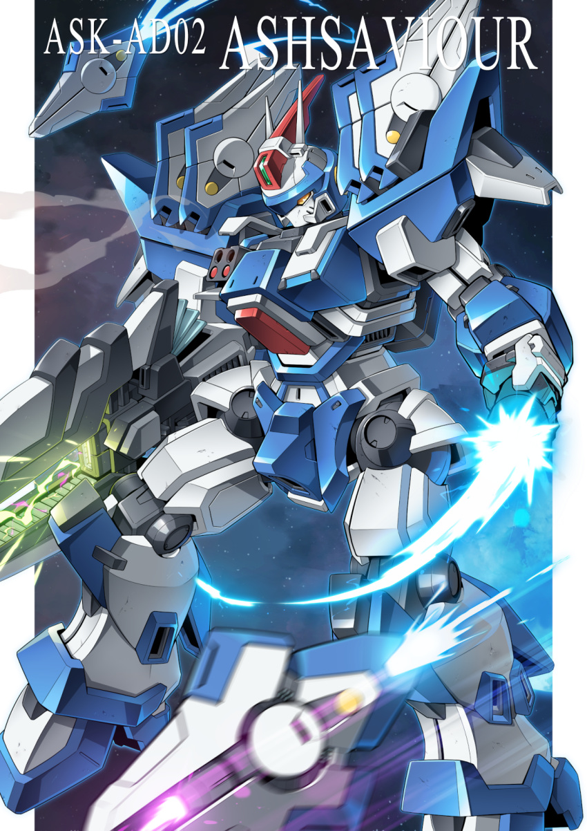 ashsaviour energy_sword funnels_(gundam) gamiani_zero gun highres holding holding_gun holding_sword holding_weapon mecha orange_eyes outside_border pillarboxed robot super_robot_wars super_robot_wars_advance sword weapon