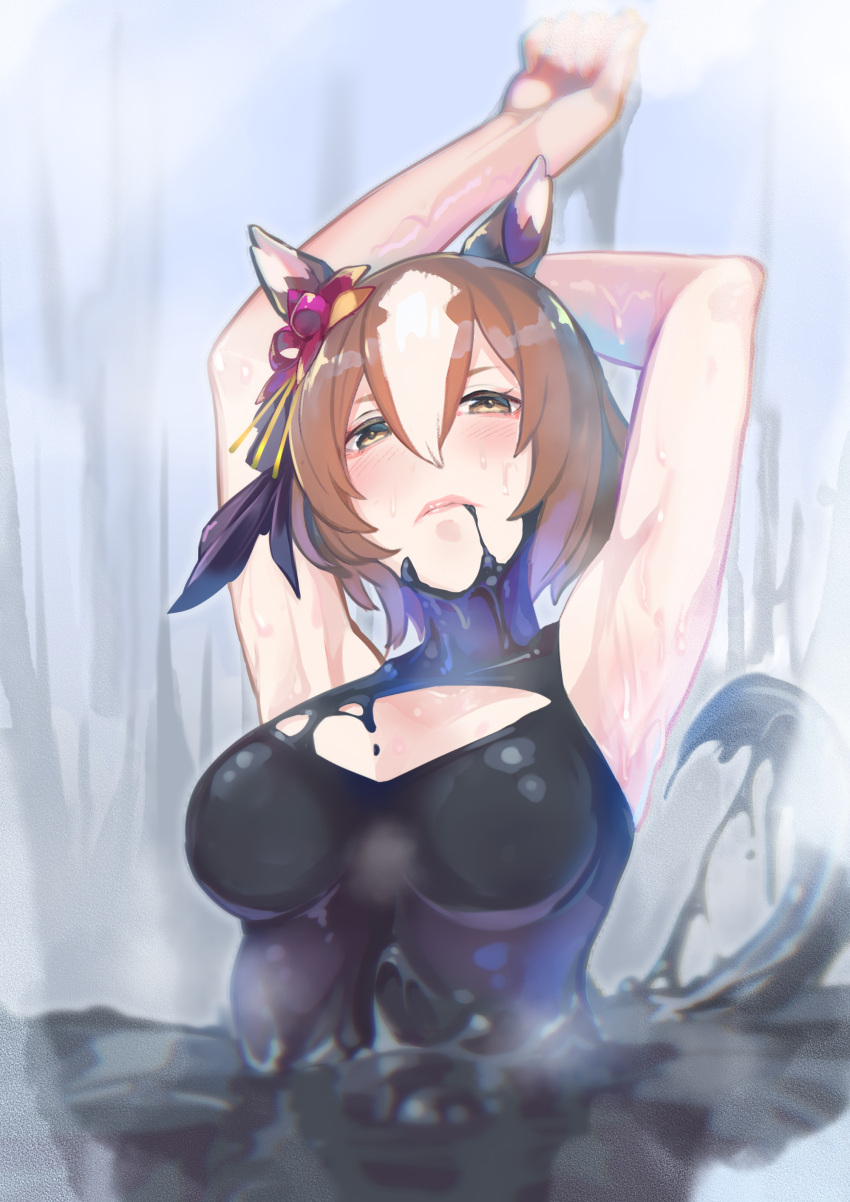 1girl absurdres animal_ears armpits arms_up breasts brown_hair closed_mouth commentary_request doushi_tatsu_to_dekkai_no ear_covers ear_ornament frown hair_between_eyes highres horse_ears horse_girl horse_tail looking_at_viewer medium_breasts multicolored_hair partially_submerged pinwheel_hair_ornament short_hair slime_(substance) solo streaked_hair sweat tail umamusume upper_body very_sweaty white_hair yaeno_muteki_(umamusume)