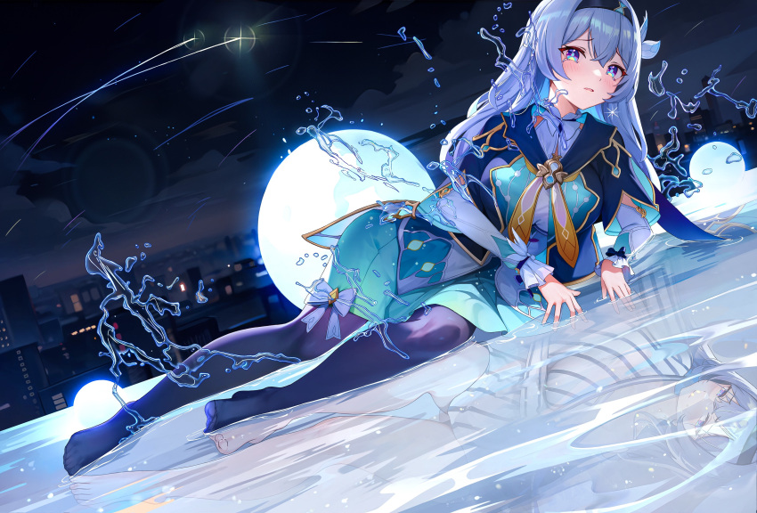 1girl absurdres aze_not_bald black_hairband blue_pupils bow firefly_(honkai:_star_rail) grey_hair hair_ornament hairband highres honkai:_star_rail honkai_(series) jacket long_hair looking_at_viewer neckerchief night night_sky orange_neckerchief shooting_star sky solo tears thighhighs two-tone_eyes white_bow
