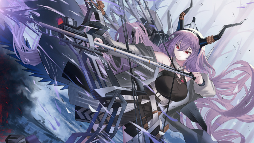 1girl absurdres arknights arrow_(projectile) bare_shoulders bare_tree black_hairband black_shirt bow_(weapon) breasts coat compound_bow cowboy_shot drawing_bow forest grey_coat hair_between_eyes hairband highres holding holding_bow_(weapon) holding_weapon horns long_hair long_sleeves looking_afar nature off_shoulder purple_eyes purple_hair red_eyes serious shirt sleeveless sleeveless_shirt solo split_mouth tree typhon_(arknights) unitaka very_long_hair weapon