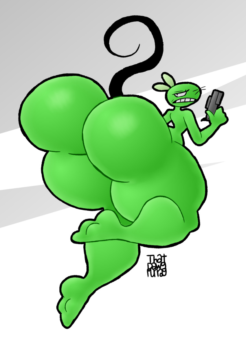 12_oz._mouse adult_swim anthro big_butt black_tail bubble_butt butt cartoon_network curvy_figure eyelashes fur girly glistening glistening_butt green_body green_fur gun hi_res holding_gun holding_object holding_weapon huge_butt hyper hyper_butt jumping looking_at_viewer male mammal mouse mouse_fitzgerald murid murine pose ranged_weapon rear_view rodent signature solo tail thatdawgmurray thick_thighs weapon whiskers