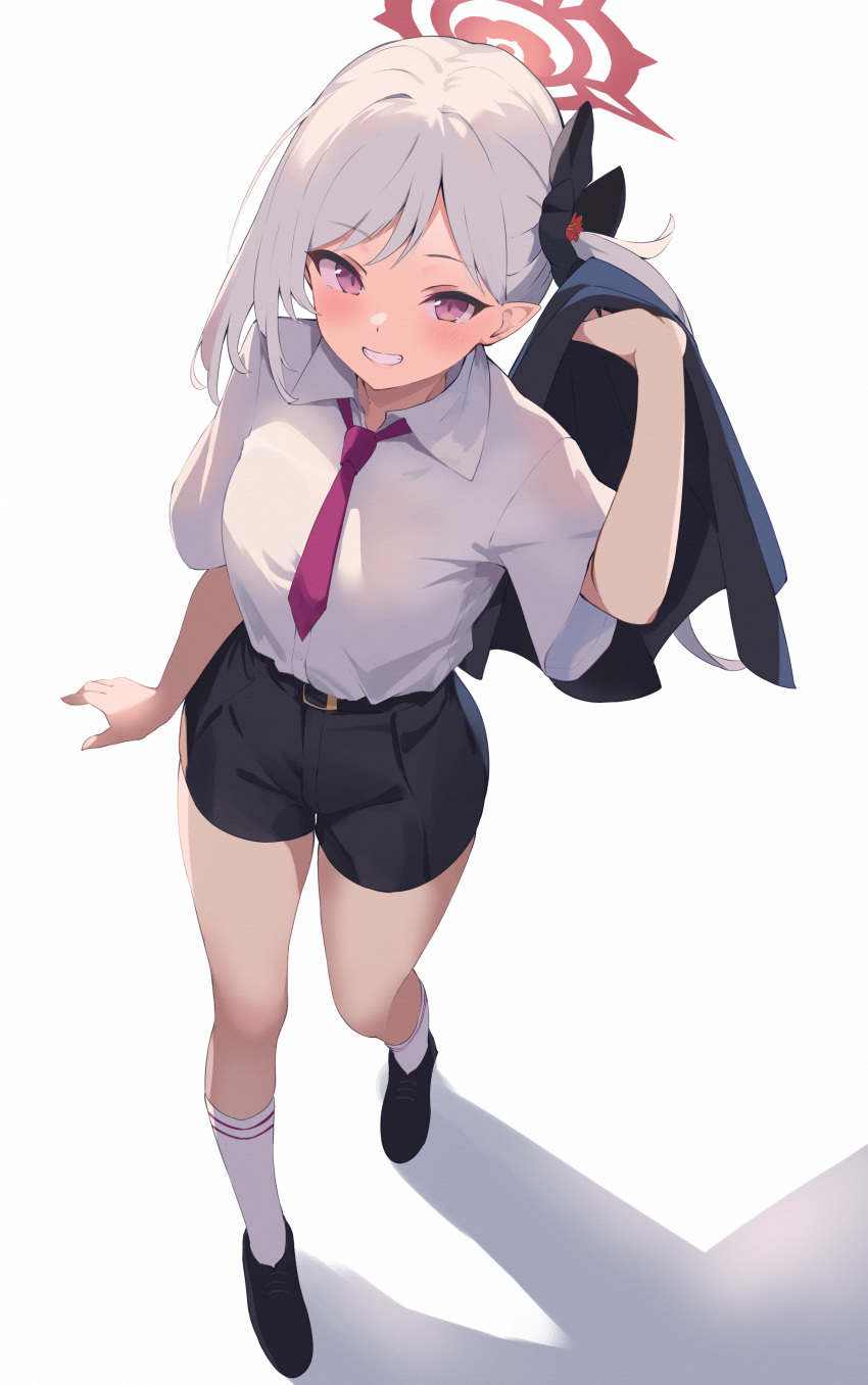 1girl absurdres black_footwear black_scrunchie black_shorts blue_archive blush collared_shirt grey_hair grin hair_ornament hair_scrunchie halo highres long_hair looking_at_viewer mushpz mutsuki_(blue_archive) mutsuki_(suit)_(blue_archive) necktie official_alternate_costume pink_eyes red_halo red_necktie scrunchie shirt shoes shorts side_ponytail simple_background smile socks solo white_background white_hair white_shirt white_socks