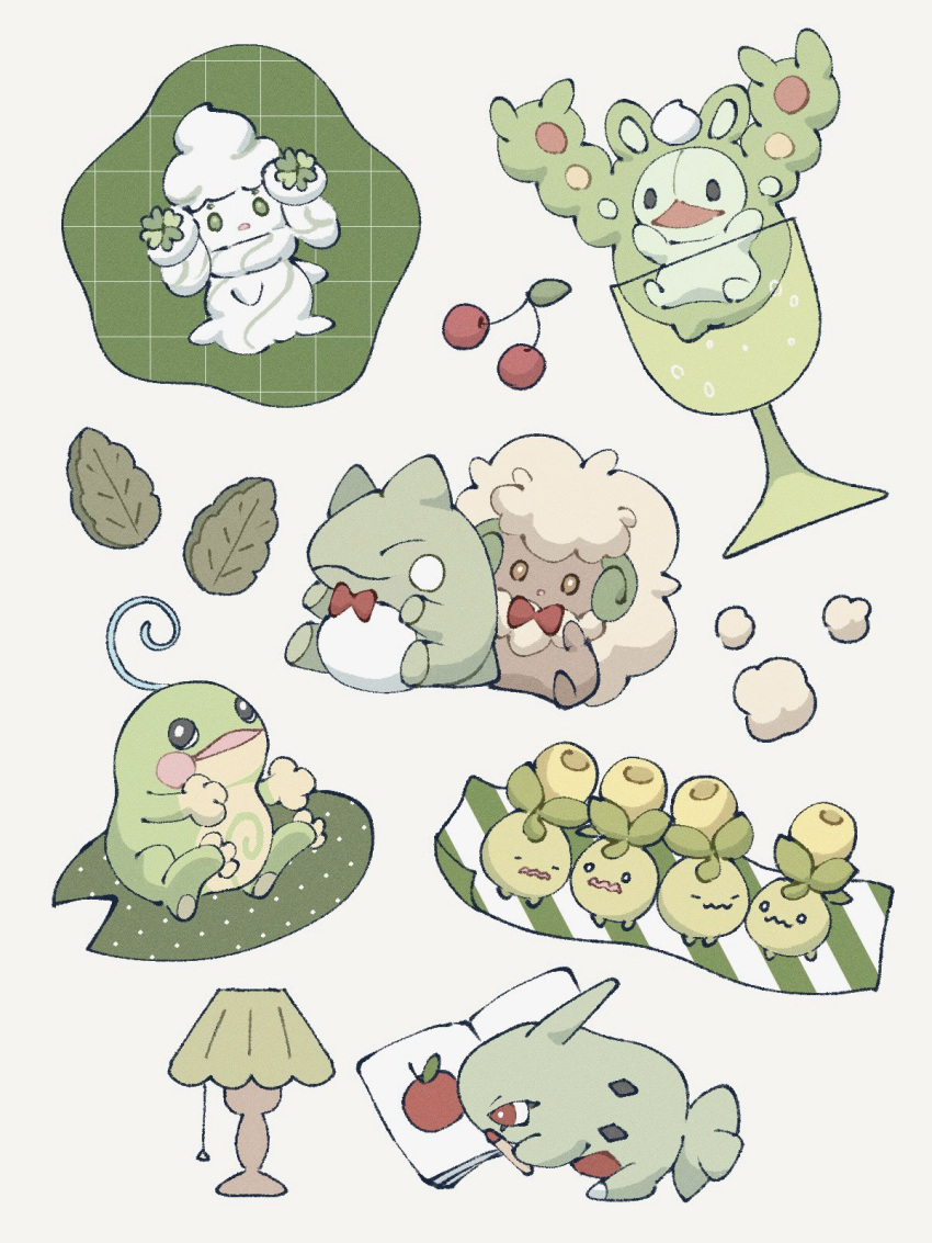 alcremie apple_print book bow bowtie bright_pupils brown_eyes cherry colored_skin cup curled_horns dark_skin food fruit glass green_skin green_theme highres horns lamp larvitar leaf no_humans olive open_book pokemon pokemon_(creature) politoed reading red_bow red_bowtie red_eyes reuniclus smoliv solid_oval_eyes substitute_(pokemon) sumi_fms wavy_mouth whimsicott white_pupils