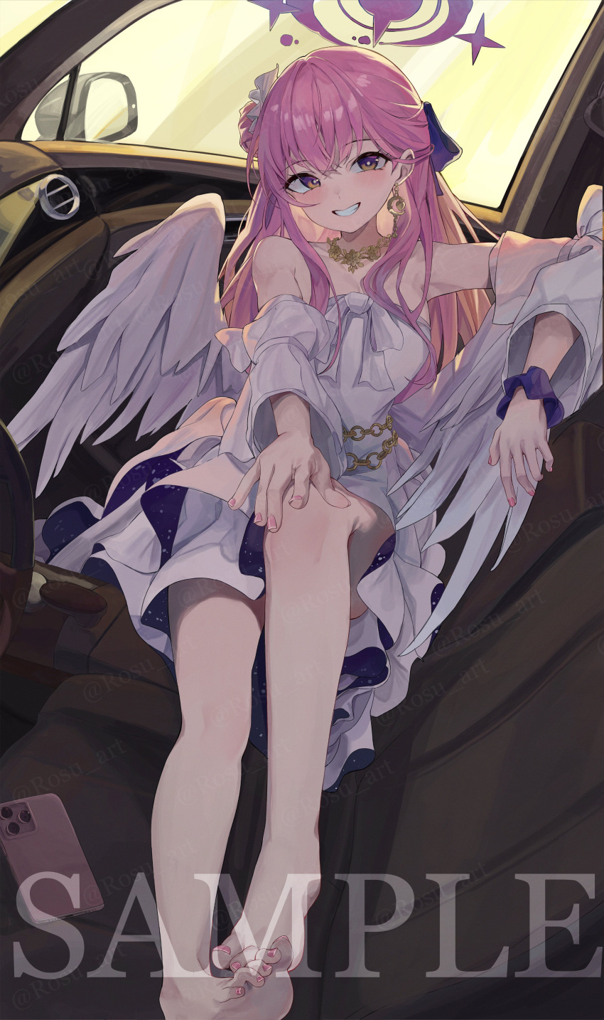 1girl absurdres alternate_costume angel_wings bare_legs bare_shoulders barefoot blue_archive detached_sleeves dress feathered_wings hair_between_eyes hair_bun hair_ornament hair_scrunchie halo highres leg_up long_hair long_sleeves looking_at_viewer mika_(blue_archive) parted_lips pink_hair pink_nails rosu_1109 scrunchie single_hair_bun sitting sleeveless sleeveless_dress smile teeth thighs toes white_dress white_wings wings wrist_scrunchie yellow_eyes