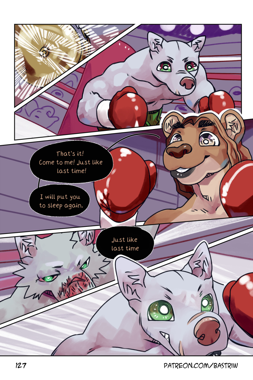 bastriw blood blood_on_face bodily_fluids boxing_gloves canid canine canis clothing comic dialogue felid fight fighting_ring green_eyes handwear hi_res lion male mammal muscular muscular_male nico_(bastriw) pantherine text wolf