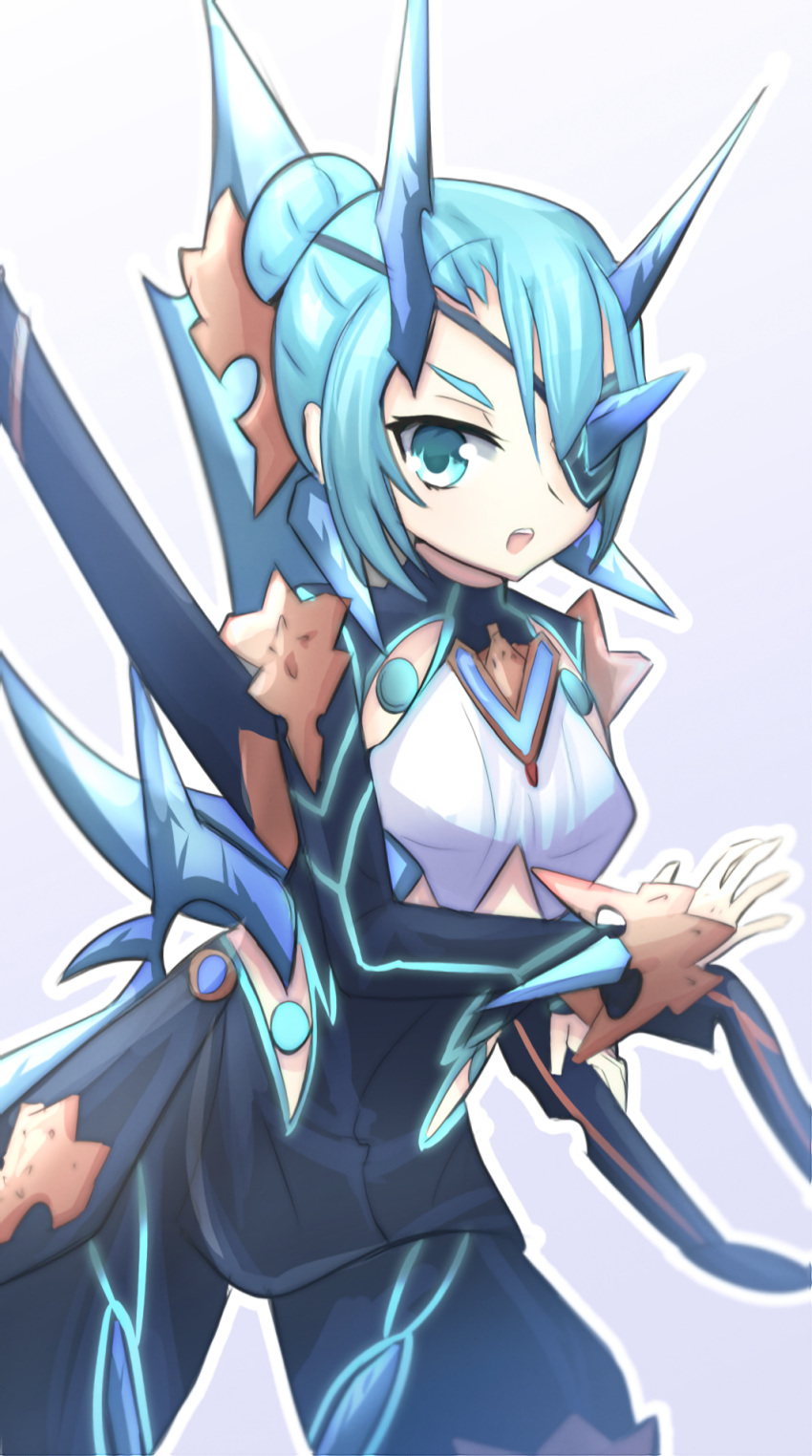 1girl :o asymmetrical_horns blue_eyes blue_hair bow breasts core_crystal_(xenoblade) daenu eyepatch hair_bun highres holding holding_sword holding_weapon horns impossible_clothes long_sleeves looking_at_viewer open_mouth outline purple_bow small_breasts solo sword theory_(xenoblade) v-shaped_eyebrows weapon white_outline xenoblade_chronicles_(series) xenoblade_chronicles_2