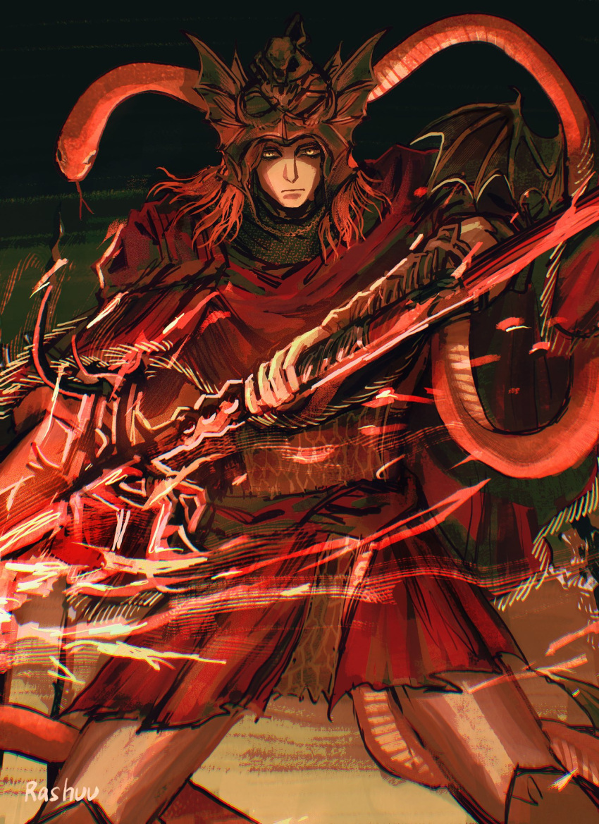 1boy armor artist_name bat_wings cape chainmail closed_mouth commentary elden_ring helmet highres holding holding_polearm holding_weapon lance long_hair male_focus messmer_the_impaler polearm rashuu red_cape red_hair slit_pupils snake solo twitter_username vambraces weapon winged_helmet wings yellow_eyes