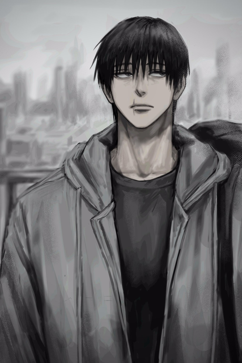 1boy black_hair black_shirt cityscape facing_viewer fushiguro_touji grey_hoodie greyscale hair_between_eyes highres hood hoodie jujutsu_kaisen long_sleeves looking_to_the_side male_focus monochrome scar scar_on_face scar_on_mouth shirt short_hair solo sso_s upper_body