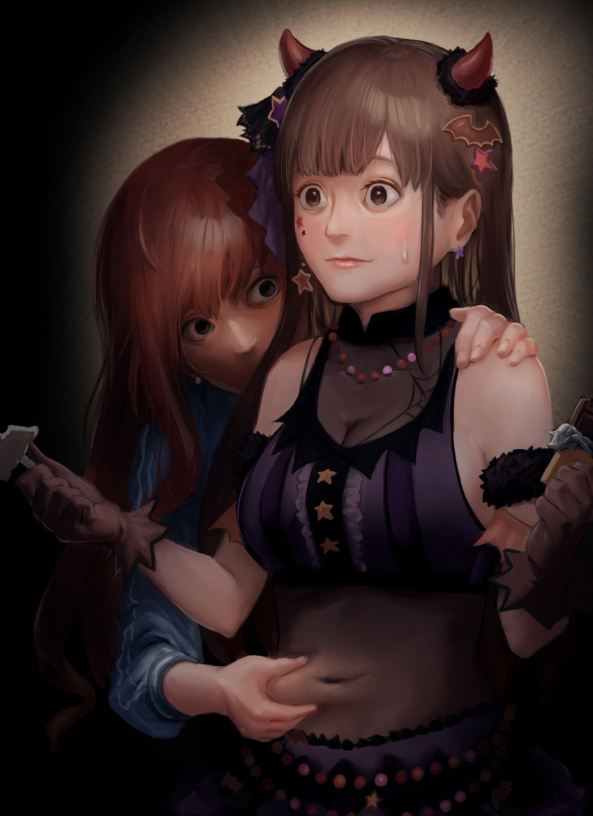 2girls ahoge arisugawa_natsuha arm_garter bare_shoulders bat_hair_ornament bead_necklace beads belly_chain belly_grab black_background black_eyes black_ribbon blue_jacket blush bow breasts brown_eyes brown_gloves brown_hair chocolate cleavage closed_mouth crop_top cropped_shirt crypthiyama demon_horns earrings facial_mark fake_horns food gloves hair_bow hair_ornament hair_ribbon hand_on_another's_shoulder hands_up highres holding holding_chocolate holding_food horns idolmaster idolmaster_shiny_colors jacket jewelry large_breasts long_hair long_sleeves looking_at_another multiple_girls necklace orange_hair purple_ribbon purple_shirt ribbon see-through see-through_cleavage shirt sonoda_chiyoko spider_web_print star_(symbol) star_earrings star_facial_mark star_hair_ornament sweatdrop swept_bangs track_jacket