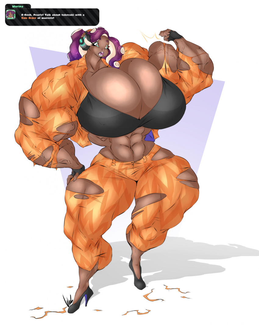 abs animal_humanoid big_breasts big_muscles bottomwear breasts brown_body brown_skin cephalopod cephalopod_humanoid cleavage clothed clothing dialogue dialogue_box dullvivid electronics english_text fangs female fingerless_gloves footwear gloves handwear headphones hi_res high_heels huge_breasts huge_muscles humanoid hyper hyper_muscles inkling marina_(splatoon) marine marine_humanoid mollusk mollusk_humanoid muscle_tone muscular muscular_female muscular_humanoid nintendo pants pseudo_hair simple_background solo splatoon teeth tentacle_hair tentacles text text_box torn_bottomwear torn_clothing torn_jacket torn_pants vein veiny_muscles white_background wide_eyed