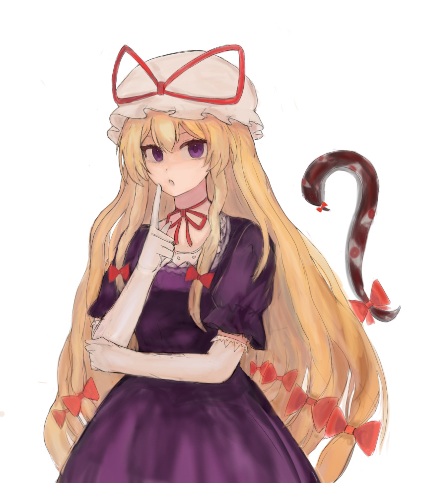 1girl 83mkneinlsqmebq blonde_hair bow choker commentary_request dress elbow_gloves gap_(touhou) gloves hair_bow hat hat_ribbon highres long_hair looking_at_viewer mob_cap open_mouth purple_dress purple_eyes red_bow red_ribbon ribbon ribbon_choker short_sleeves solo touhou white_background white_gloves yakumo_yukari