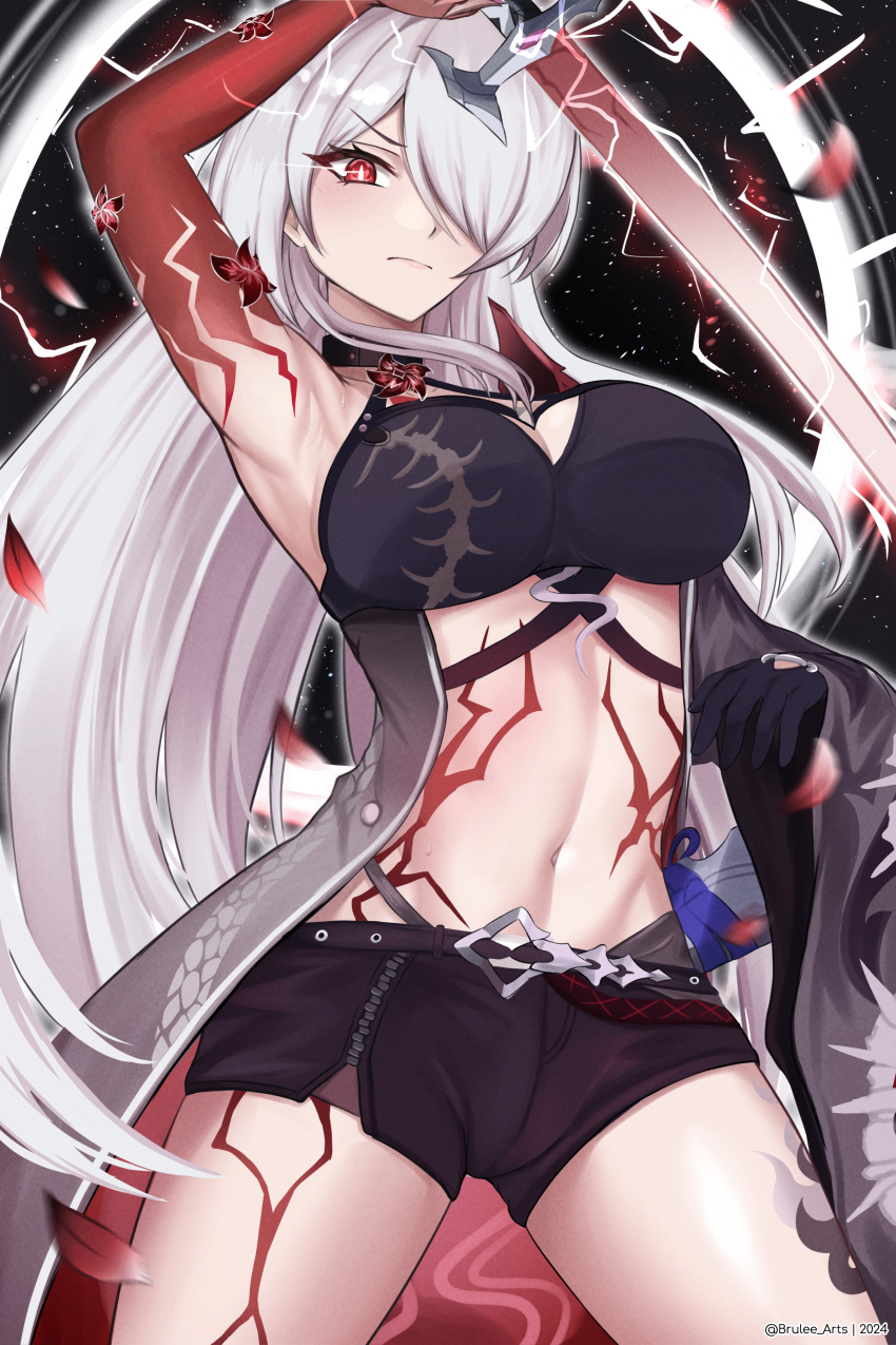 1girl absurdres acheron_(honkai:_star_rail) arm_up armpits bare_shoulders black_shorts breasts brulee cleavage coat commentary cowboy_shot crop_top grey_coat hair_over_one_eye highres holding holding_sword holding_weapon honkai:_star_rail honkai_(series) katana large_breasts long_hair looking_at_viewer midriff navel official_alternate_color open_clothes open_coat red_eyes short_shorts shorts solo standing stomach stomach_tattoo sword tattoo thighs very_long_hair weapon white_hair