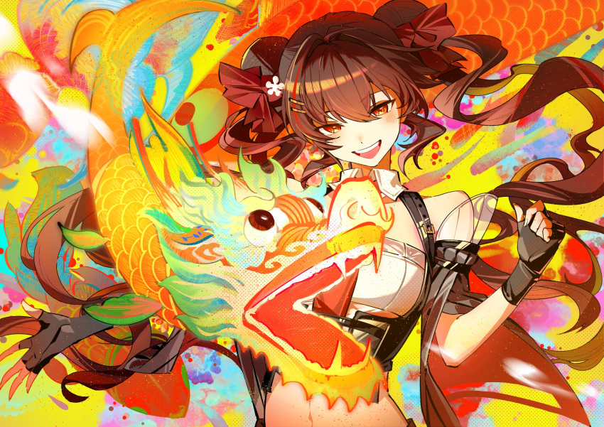 1girl black_gloves blush bow brown_hair double_bun dragon eastern_dragon fingerless_gloves girls'_frontline girls'_frontline_neural_cloud gloves gwendolynstore hair_bow hair_bun highres jiangyu_(neural_cloud) long_hair multicolored_background multiple_hairpins open_mouth red_bow red_eyes smile twintails type_97_(girls'_frontline) upper_body
