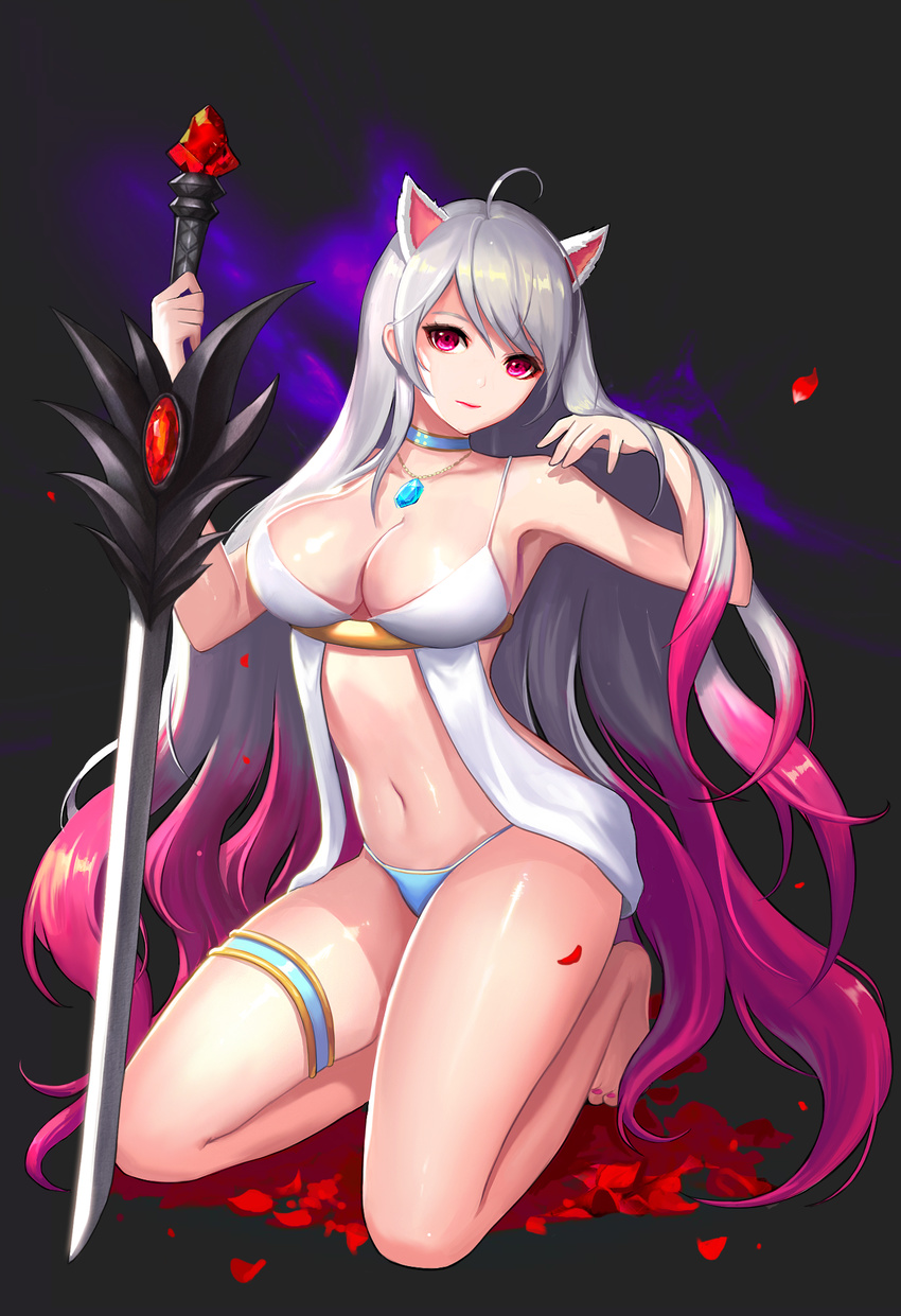 animal_ears bad_id bad_pixiv_id bangs bare_arms barefoot black_background blue_pants breasts cat_ears choker cleavage closed_mouth dungeon_and_fighter extra_ears female_slayer_(dungeon_and_fighter) full_body gem gradient_hair grey_hair hair_tucking head_tilt highres holding holding_sword holding_weapon jewelry kneeling large_breasts long_hair looking_at_viewer multicolored_hair nail_polish navel necklace no_pants pants petals phonic pink_hair pink_nails red_eyes red_lips shade shiny shiny_skin silver_hair solo stomach swept_bangs sword sword_master_(dungeon_and_fighter) thigh_strap two-tone_hair very_long_hair wavy_hair weapon