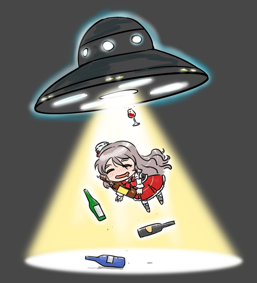 abduction blush blush_stickers bottle closed_eyes commentary cup drinking_glass drunk eyebrows floating flying_saucer grey_background grey_hair hair_between_eyes hat kantai_collection light long_hair long_sleeves mini_hat open_mouth pola_(kantai_collection) red_skirt ribbon seiran_(mousouchiku) shirt skirt smile solo space_craft thick_eyebrows traction_beam ufo wavy_hair wavy_mouth white_shirt wine_glass