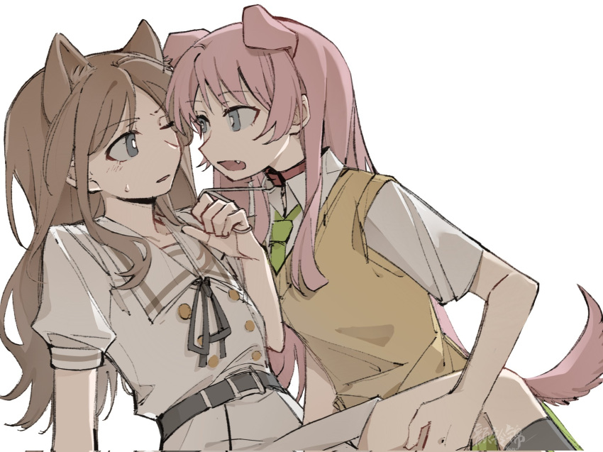 animal_ears bang_dream! bang_dream!_it's_mygo!!!!! belt black_ribbon black_socks blue_eyes bright_pupils brown_hair brown_sweater_vest cat_ears chihaya_anon chinese_commentary collar collar_tug commentary_request dog_ears dog_girl dog_tail fang green_necktie hand_on_another's_thigh highres kemonomimi_mode kneehighs long_hair nagasaki_soyo neck_ribbon necktie pink_hair ribbon school_uniform shirt short_sleeves simple_background skirt socks sweater_vest tail white_background white_pupils white_shirt white_skirt yanlingjinshilihuahua