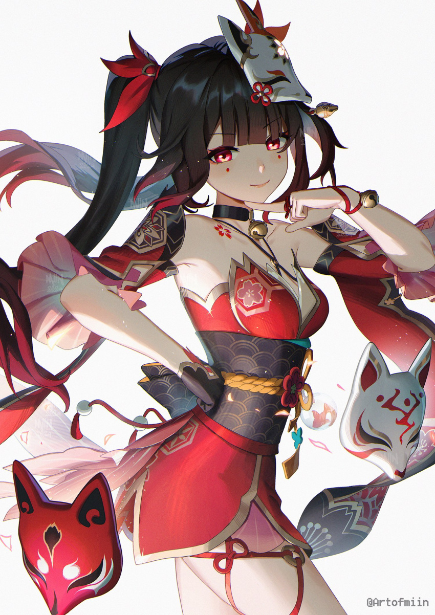 1girl armpits artofmiin bare_shoulders bell black_gloves black_hair black_sash breasts butterfly-shaped_pupils choker closed_mouth commentary cowboy_shot criss-cross_halter detached_sleeves dress flower_tattoo fox_mask from_side gloves halterneck hand_on_own_hip highres honkai:_star_rail honkai_(series) jingle_bell long_hair looking_at_viewer mask mask_on_head mole mole_under_each_eye mole_under_eye multiple_moles neck_bell obi pink_eyes red_dress sash small_breasts smile solo sparkle_(honkai:_star_rail) symbol-only_commentary tattoo twintails twitter_username very_long_hair