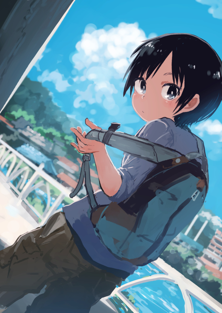 1girl backpack bag black_hair blue_sky blurry blurry_background blush brown_pants building closed_mouth cloud commentary_request depth_of_field dutch_angle highres inami_hatoko kurosaki_honoka looking_at_viewer pants river shadow short_hair sky sleeves_past_elbows solo yama_no_susume