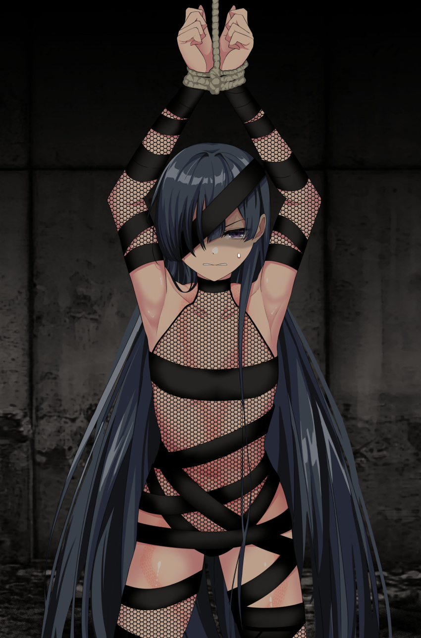 1girl absurdres armpits arms_up bandages black_hair bound bound_wrists eyepatch fate/grand_order fate_(series) fishnet_leotard flat_chest highres long_hair mochizuki_chiyome_(fate) purple_eyes restrained rope snake_tattoo sweatdrop tanuki_(siutkm0228) tattoo
