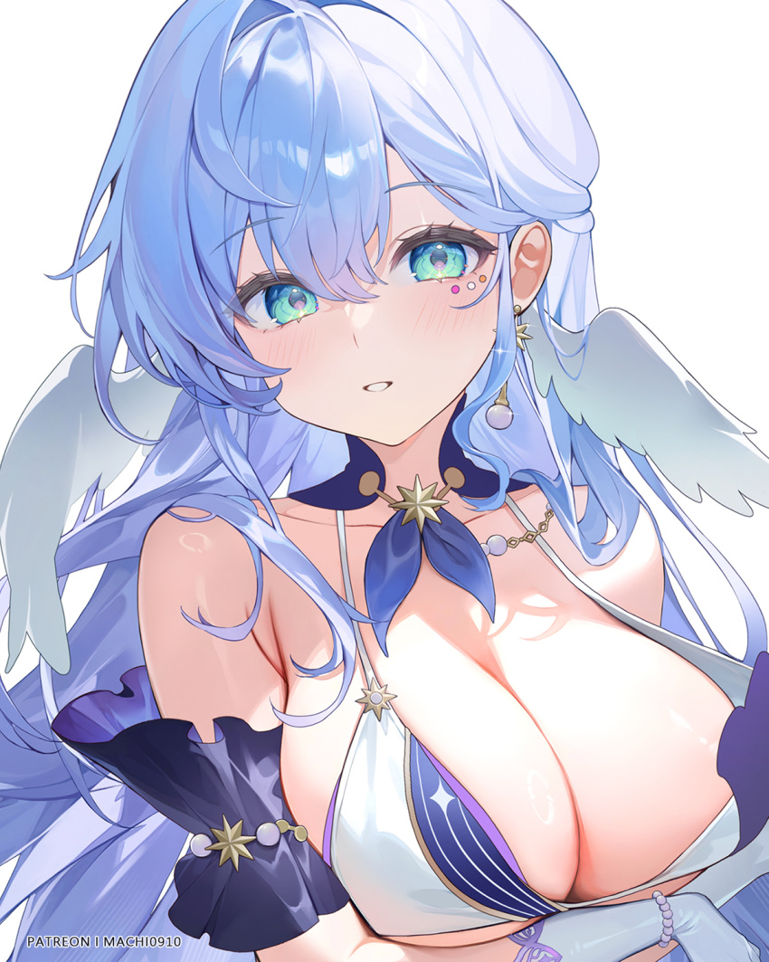 1girl :d arm_under_breasts bare_shoulders bikini blue_hair blush breasts cleavage collarbone detached_sleeves elbow_gloves gloves green_eyes grin hair_between_eyes head_wings highres honkai:_star_rail honkai_(series) large_breasts long_hair looking_at_viewer machi_(7769) open_mouth purple_sleeves robin_(honkai:_star_rail) short_sleeves sidelocks simple_background smile solo string_bikini swimsuit teeth white_background white_bikini white_gloves wings