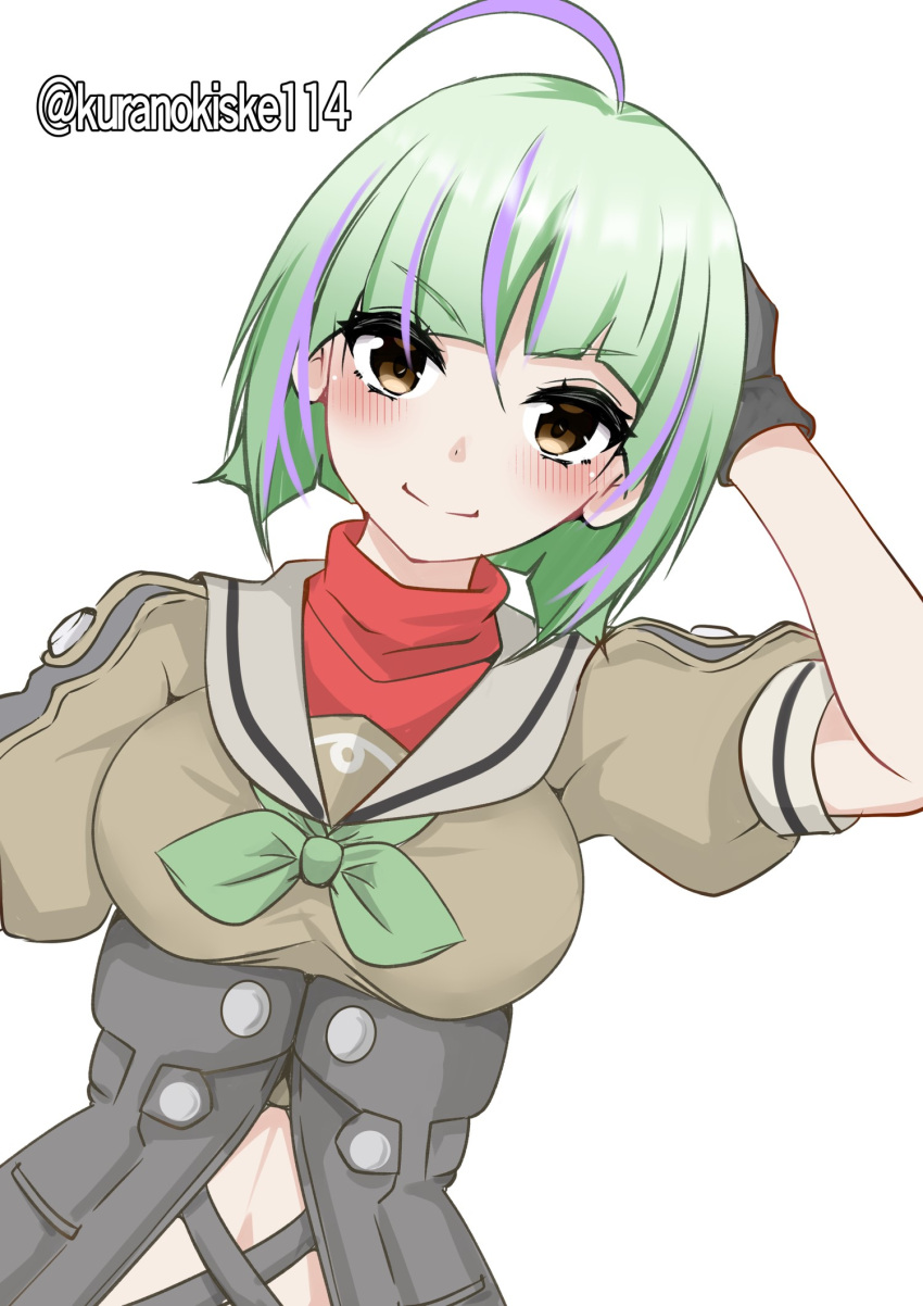 1girl ahoge arms_behind_head black_gloves bob_cut breasts gloves green_hair green_neckerchief grey_sailor_collar grey_shirt highres inverted_bob kantai_collection kurano_kisuke medium_breasts multicolored_hair neckerchief one-hour_drawing_challenge purple_hair sailor_collar sailor_shirt school_uniform serafuku shirt short_hair short_sleeves simple_background smile solo streaked_hair take_(kancolle) twitter_username upper_body white_background