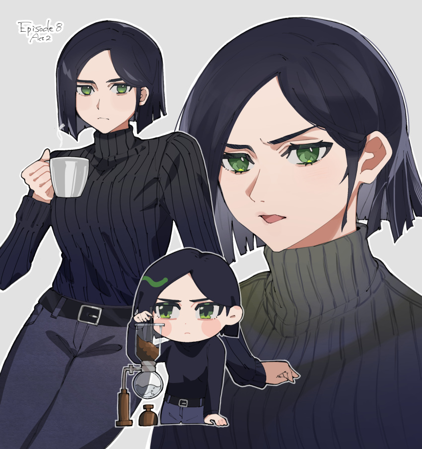 1girl absurdres animification annoyed black_hair black_pants blush chibi chibi_inset coffee_grinder cup frown green_eyes hair_behind_ear highres holding holding_cup looking_at_viewer mug multiple_views nanana_(syoki0916) open_mouth pants ribbed_sweater short_hair steam sweater sweater_tucked_in turtleneck turtleneck_sweater v-shaped_eyebrows valorant viper_(valorant)