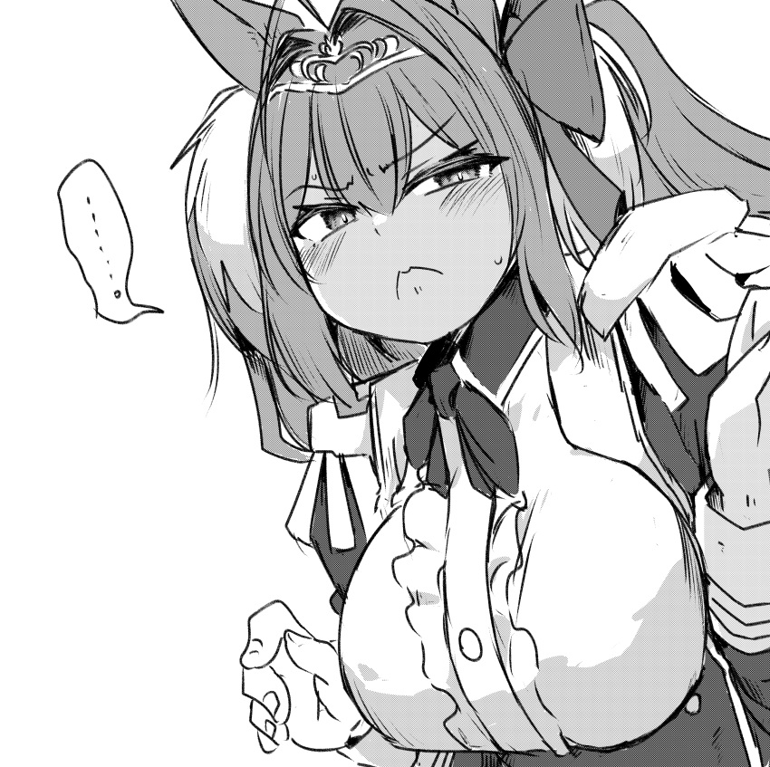 ... 1girl :&lt; absurdres animal_ears blush breasts center_frills daiwa_scarlet_(umamusume) double-parted_bangs epaulettes fingernails frills furrowed_brow greyscale hair_between_eyes hair_intakes hands_up highres horse_ears large_breasts long_sleeves looking_at_viewer monochrome poyo_(hellmayuge) simple_background solo spoken_ellipsis umamusume upper_body white_background