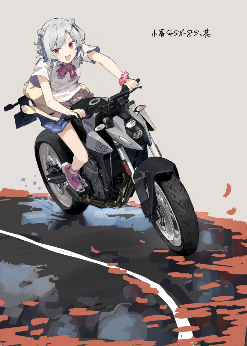 1girl blue_skirt cevio clothes_around_waist double_bun grey_hair hair_bun highres hitogome koharu_rikka looking_at_viewer medium_hair miniskirt motor_vehicle motorcycle open_mouth pink_footwear pleated_skirt red_eyes riding scrunchie shirt shoes short_sleeves skirt smile solo suzuki_(company) suzuki_gsx-8s sweater sweater_around_waist synthesizer_v white_shirt wrist_scrunchie