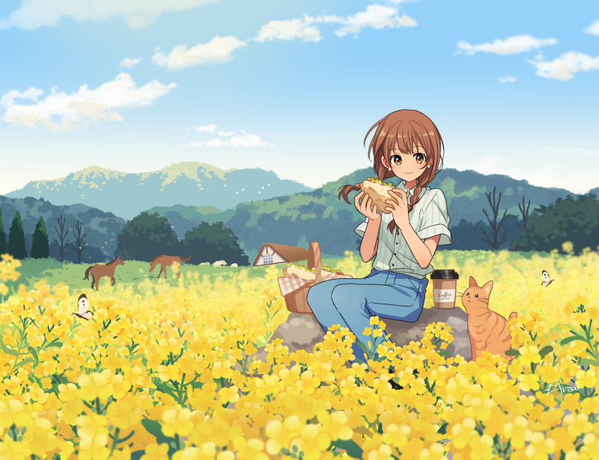 1girl animal arisa_(aren) artist_name bare_tree basket bird blue_pants blue_shirt blue_sky braid brown_cat brown_eyes brown_hair bug butterfly buttons cat closed_mouth cloud cloudy_sky coffee_cup collared_shirt commentary_request cup day denim disposable_cup earrings field floating_hair flower flower_field food full_body hair_over_shoulder highres hill holding holding_food horse house jeans jewelry landscape long_hair looking_at_viewer low_twin_braids mountain mountainous_horizon nature original outdoors pants picnic picnic_basket pinstripe_pattern pinstripe_shirt rock rural sandwich scenery sheep shirt shirt_tucked_in short_sleeves sidelocks sitting sky smile solo striped_clothes striped_shirt stud_earrings tree twin_braids vertical-striped_clothes vertical-striped_shirt white_shirt yellow_flower