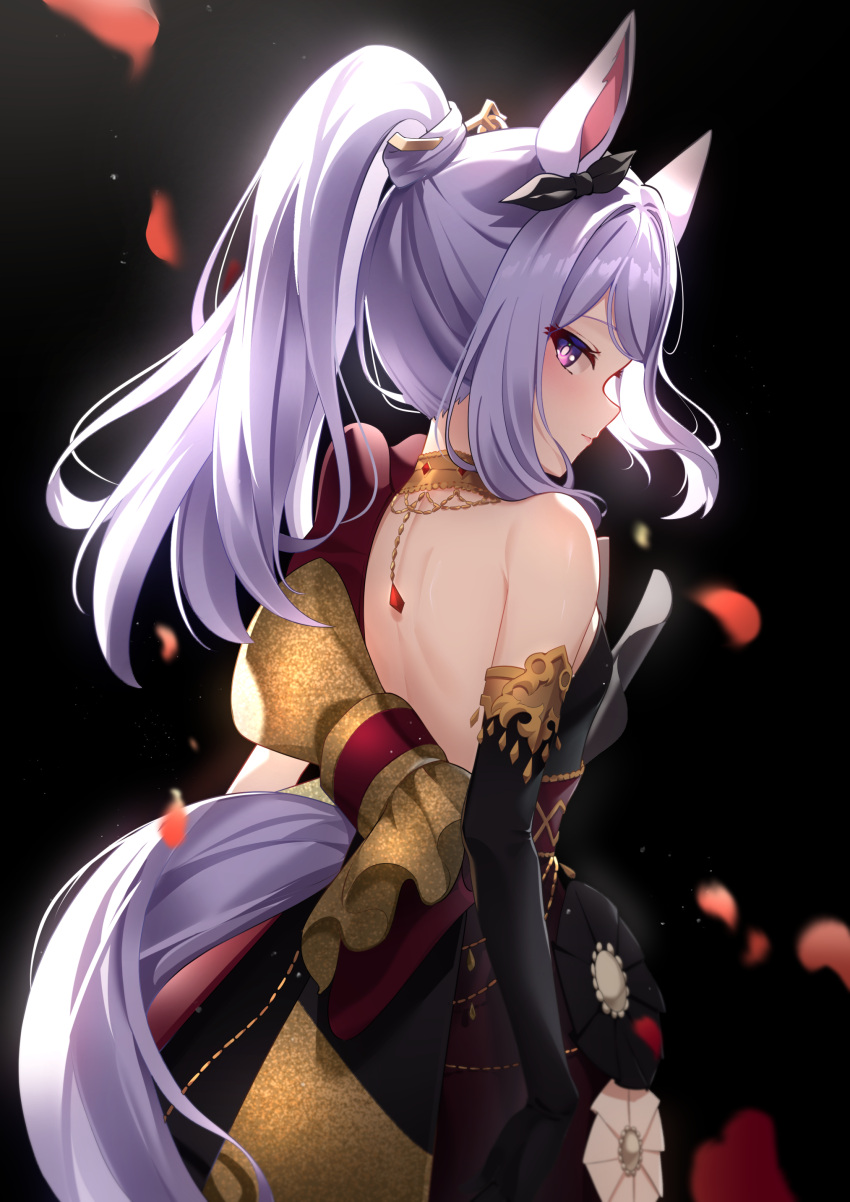 1girl absurdres animal_ears asymmetrical_clothes asymmetrical_dress back bare_shoulders black_background black_dress black_sleeves commentary commentary_request cosplay detached_sleeves dress ear_ornament falling_petals from_behind gem gold_ship_(la_mode_564)_(umamusume) gold_ship_(umamusume) gold_ship_(umamusume)_(cosplay) hair_ornament highres horse_ears horse_girl horse_tail jewelry long_hair mejiro_mcqueen_(umamusume) necklace petals ponytail red_gemstone simple_background single_bare_shoulder solo sunny_(20597521) symbol-only_commentary tail umamusume