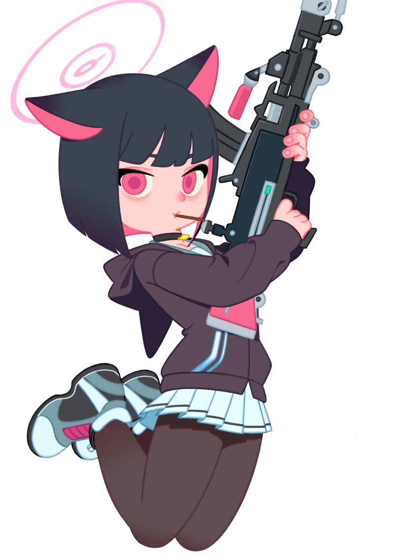 1girl absurdres animal_ears black_choker black_hair black_hoodie black_pantyhose blue_archive blunt_bangs bren_lmg cat_choker cat_ears cat_girl choker closed_mouth colored_inner_hair feet_up full_body gun halo highres holding holding_gun holding_weapon hood hoodie kazusa_(blue_archive) light_machine_gun looking_at_viewer monster_l_(hochihochiha) multicolored_hair pantyhose pink_eyes pink_hair pink_halo short_hair simple_background skirt solo tachi-e weapon white_background white_skirt