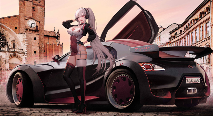 1girl absurdres alternate_costume arm_behind_head azur_lane car character_name church citroen citroen_survolt copyright_name dunkerque_(azur_lane) france full_body hand_on_own_hip headset highres kcar66t license_plate looking_at_viewer motor_vehicle product_placement race_queen race_vehicle racecar real_world_location scissor_doors spoiler_(automobile) thighhighs toulouse toulouse_cathedral