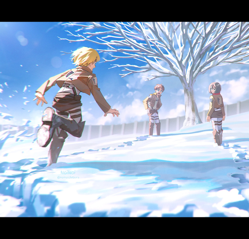 1girl 2boys armin_arlert bare_tree blonde_hair blue_sky boots brown_footwear brown_jacket cloud cropped_jacket day eren_yeager footprints from_side hands_on_own_hips highres jacket knee_boots leg_up letterboxed long_sleeves looking_at_another mikasa_ackerman multiple_boys noinoichebura open_mouth outdoors pants running shingeki_no_kyojin shirt short_hair sky snow standing survey_corps_(emblem) tree white_pants white_shirt winter